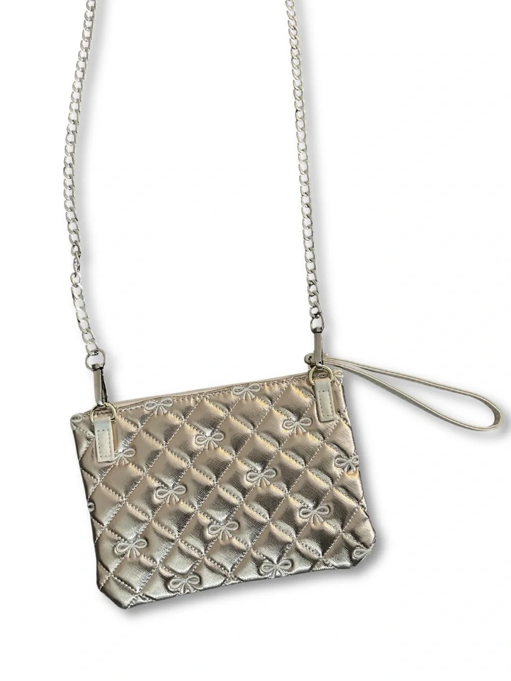 Luv Betsey Johnson Wristlet Rose Gold Quilted Clutch Bow Purse Metallic